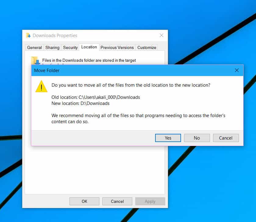 change the default download location in windows 10